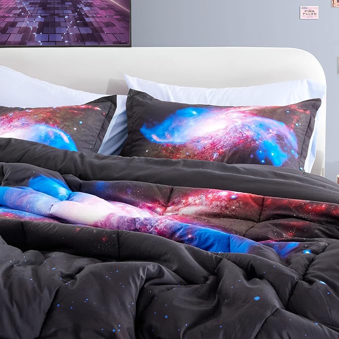 SLEEP ZONE Kids Bedding Comforter Set Full/Queen Size - Super Soft & Cute Printed 3-Piece Comforter Set All Seasons for Boys, Girls, Fade Resistant, Machine Washable, Purple Galaxy