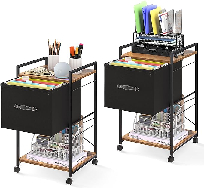 VECELO Vertical Filing Cabinet Set of 2, Rolling Printer Shelf with Handle, Suitable for Letter Size, Sturdy Steel Frame and Folding Fabric Drawer for Living Room/Bedroom/Hallway, Brown+Black