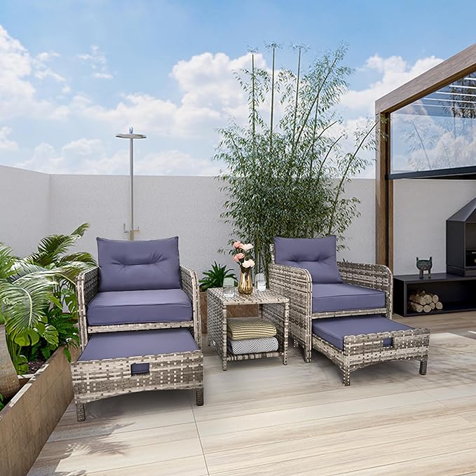 Pamapic 5 Pieces Outdoor Patio Wicker Chairs Set with Ottoman .Outside Conversation Furniture Set with Cushions and Coffee for Balcony Porch Lawn Garden Table (Purple Cushion + Grey Rattan)