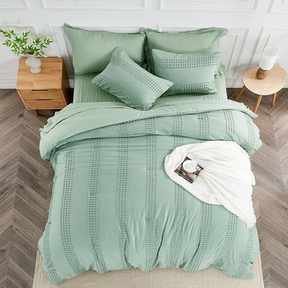 ENJOHOS Sage Green Full Size Comforter Set Boho Bedding Full for Teen Girls, 3 PCS Tufted Comforter with Pom Pom Design for All Season Lightweight Soft Microfiber Comforter with 2 Pillow Cases