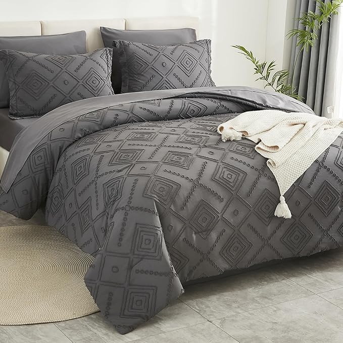 EMME Twin Comforter Set - 5 Pcs Dark Grey Boho Bedding Sets, Twin Size Tufted Comforter with Sheets, Shabby Chic Embroidery Bed Set Fluffy Bed Bag for All Season(68"X90")