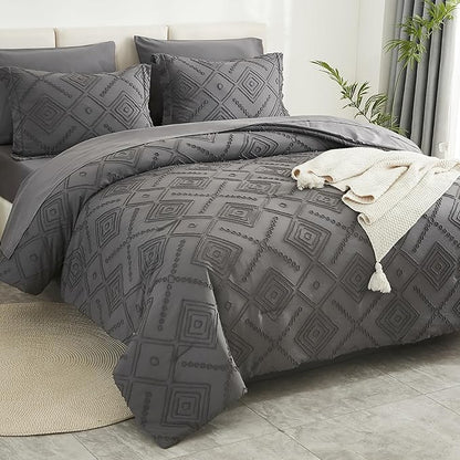 EMME Queen Comforter Set - 7 Pcs Dark Grey Boho Bedding Sets, Full Size Tufted Comforter with Sheets, Shabby Chic Embroidery Queen Bed Set Fluffy Bed Bag for All Season(90"X90")