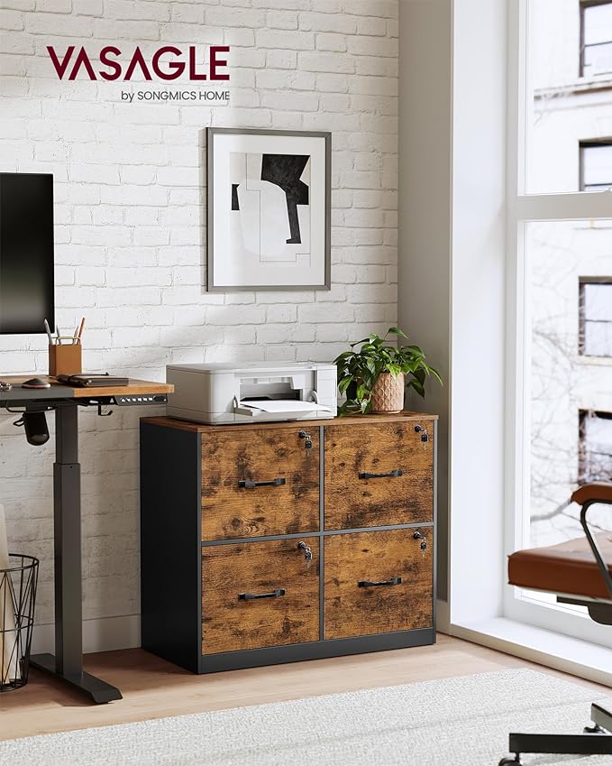 VASAGLE 4-Drawer File Cabinet, Filing Cabinet for Home Office, Printer Stand, with 4 Lockable Drawers, Adjustable Hanging Rail, for A4 and Letter-Size Files, Rustic Brown UOFC062B01