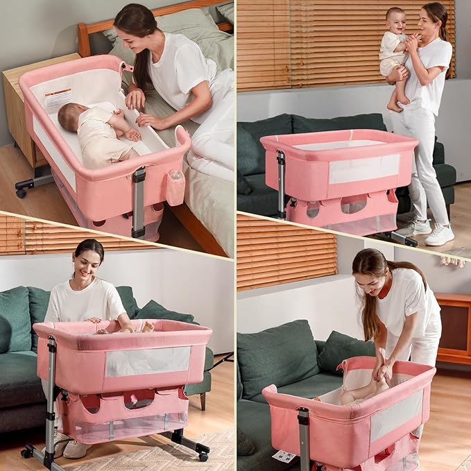 Baby Crib,3 in 1 Bedside Crib Adjustable Portable Bed for Infant,Baby Bassinet Baby Newborn Must Have Bed,Pink