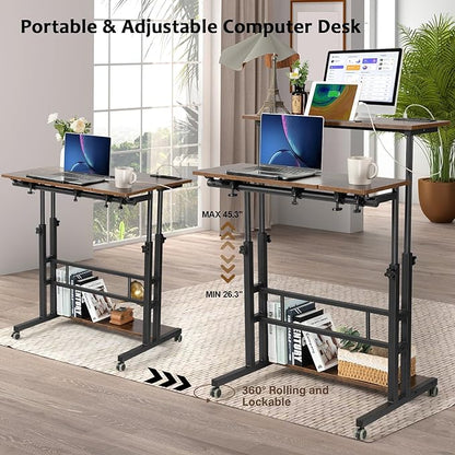 Hadulcet Mobile Standing Desk with Charging Station, Stand Up Laptop Desk Mobile Workstation for Home Office Classroom with Wheels, 31.49 x 23.6 in Rustic Brown