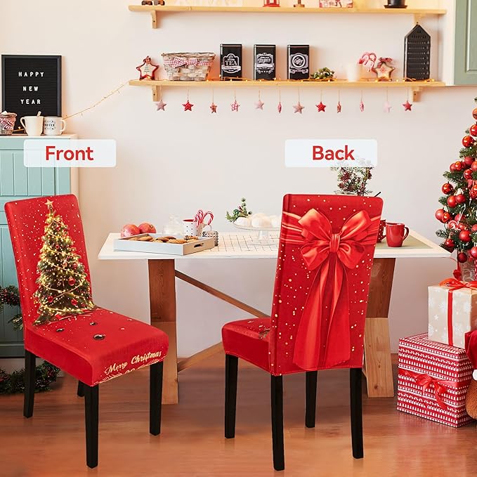 6PCS Christmas Dining Chair Covers Stretch Removable Washable Dining Room Chair Protector Slipcover 3D Print Xmas Tree Bow Tie Kitchen Chair Cover Slipcovers for Xmas Holiday Party Home Décor