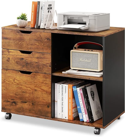 DEVAISE 3-Drawer Wood File Cabinet, Mobile Lateral Filing Cabinet, Printer Stand with Open Storage Shelves for Home Office, Rustic Brown