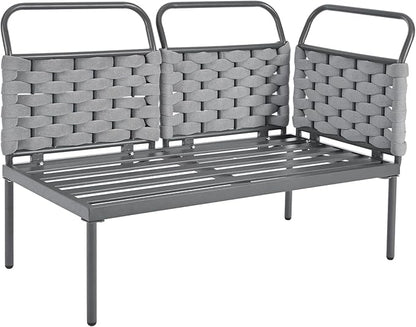 5-Piece Outdoor Furniture Sectional Conversation Sofa Set with Loveseat, Glass Table and Removable Cushions, All Weather Patio Woven Rope L-Shaped Couch for Garden Backyard, Gray+Beige