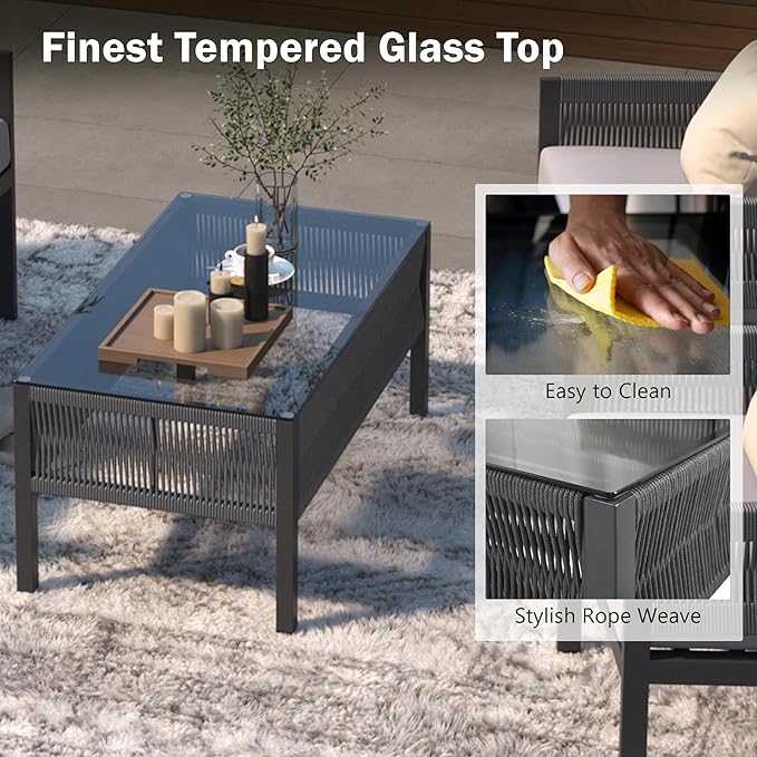 4-Piece Patio Conversation Furniture Set, Rope Weave Outdoor Loveseat Sofa with 2 Armchairs, Thick Cushion&Tempered Glass Table, for Garden Backyard, Onesize, Gray