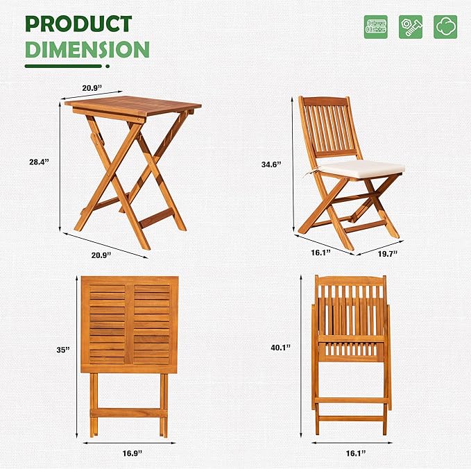Greesum 3 Piece Patio Folding Furniture Bistro Set with 2 Chairs and Square Table for Pool Beach Backyard Balcony Porch Deck Garden, Acacia Wood