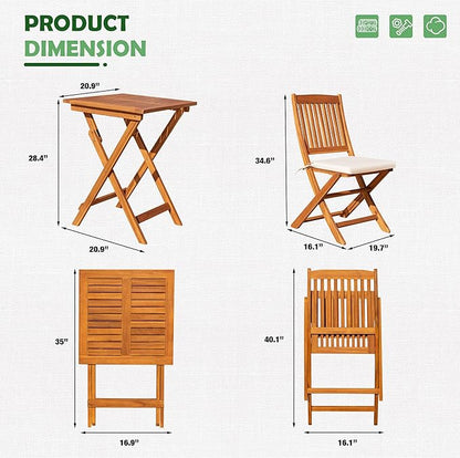 Greesum 3 Piece Patio Folding Furniture Bistro Set with 2 Chairs and Square Table for Pool Beach Backyard Balcony Porch Deck Garden, Acacia Wood