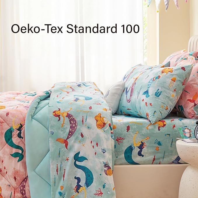 Twin Size Mermaid Kids Bedding Set for Girls, 7 Pieces Super Soft Lightweight Microfiber Comforter Set with Sheets, Bed in a Bag, Durable Children Bed Set