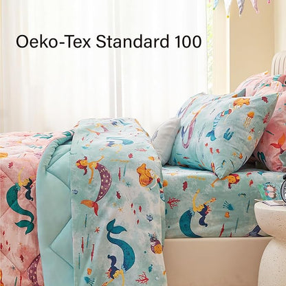 Twin Size Mermaid Kids Bedding Set for Girls, 7 Pieces Super Soft Lightweight Microfiber Comforter Set with Sheets, Bed in a Bag, Durable Children Bed Set