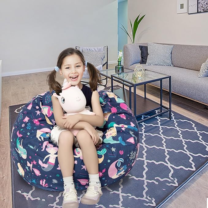 Stuffed Animal Storage Bean Bag Chair Cover, Hold Kids Plush Toys Blankets Towels Beanbag (Cover Only), Canvas Floor Circle Stuff Sit Seat Sofa with YKK Zipper, Large 32",