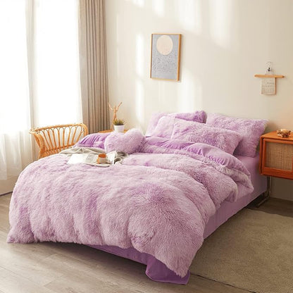 Tie dye Lavender Plush Fluffy Comforter Cover Set Queen - Ultra Soft Faux Fur tie dye Bedding Sets 3 Pieces (1 Shaggy Duvet Cover + 2 Pillow case) Fluffy Bed Set (Tie Dye Lavender, Queen)