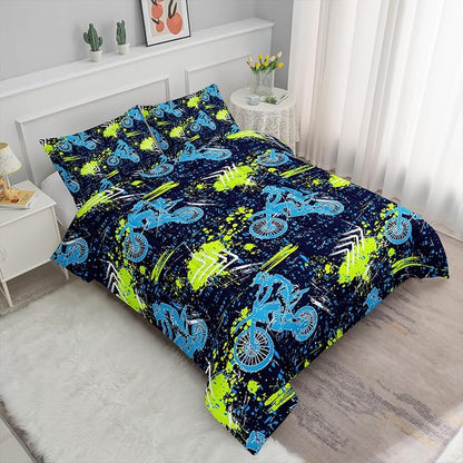 Axolotl Boys Dirt Bike Bedding Set Queen,Dirt Bike Comforter Set,Extreme Sports Tie Dye Bedding Set Motor Biker,Motocross Rider Comforter Set for Boys Kids Teens Men,1 Quilt 2 Pillowcases,Blue Green
