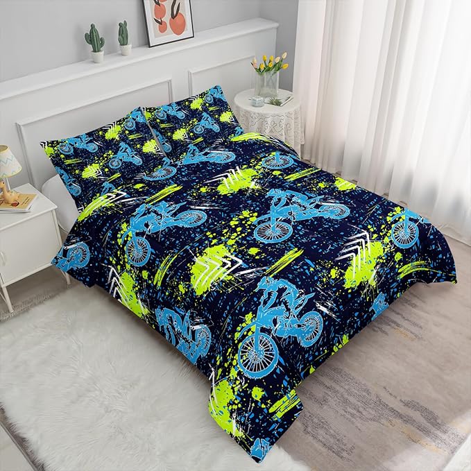 Axolotl Boys Dirt Bike Bedding Set Full,Dirt Bike Comforter Set,Extreme Sports Tie Dye Bedding Set Motor Biker,Motocross Rider Comforter Set for Boys Kids Teens Men,1 Quilt 2 Pillowcases,Blue Green