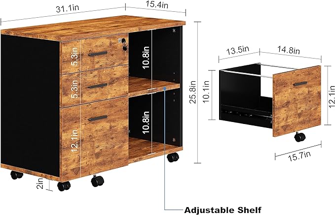 Wood File Cabinet, 3 Drawer Mobile Lateral Filing Cabinet On Wheels, Printer Stand with Open Storage Shelves for Home Office (Wood)