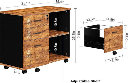 Wood File Cabinet, 3 Drawer Mobile Lateral Filing Cabinet On Wheels, Printer Stand with Open Storage Shelves for Home Office (Wood)