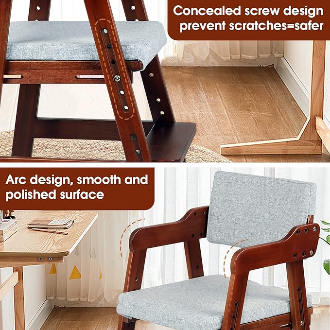 Ezebaby Wooden High Chair for Toddlers to Teens, Adjustable Kids Study Chair with Steps, Kids Dining Chair with Removable Cushion (Nut-Brown)