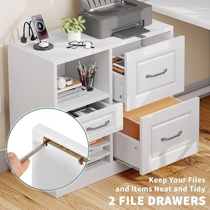 YITAHOME 3 Drawer File Cabinet, Filing Cabinet with Charging Station, Printer Stand with Open Storage Shelves, Fits for A4, Letter, Legal Size Files, White