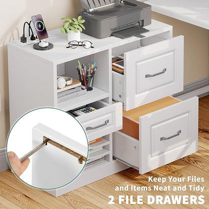 YITAHOME 3 Drawer File Cabinet, Filing Cabinet with Charging Station, Printer Stand with Open Storage Shelves, Fits for A4, Letter, Legal Size Files, White