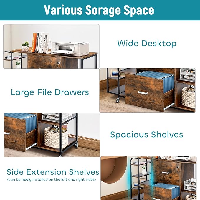 Lateral File Cabinet, 2 Drawer Mobile Filing Cabinet with Outlet, Open Storage Side Shelves, Locking Drawer Fits A4/Letter/Legal Size File Cabinets for Home Office, Brown