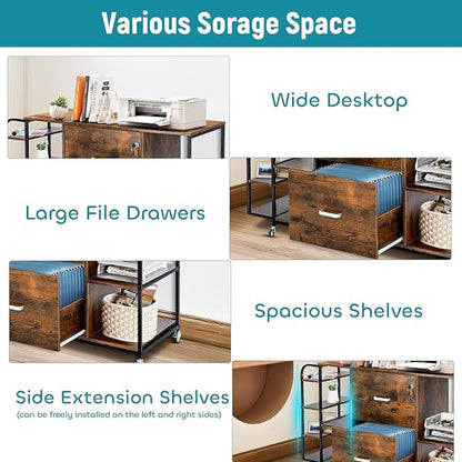 Lateral File Cabinet, 2 Drawer Mobile Filing Cabinet with Outlet, Open Storage Side Shelves, Locking Drawer Fits A4/Letter/Legal Size File Cabinets for Home Office, Brown