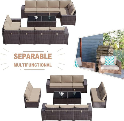 Kullavik 12PCS Outdoor Patio Furniture Set PE Wicker Rattan Sectional Sofa Patio Conversation Sets,Sand