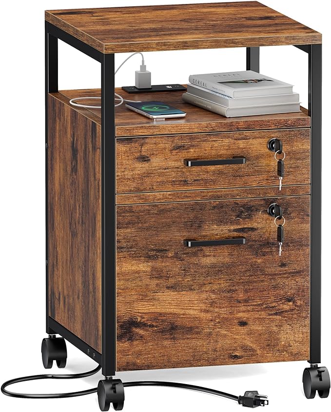SUPERJARE File Cabinet with Lock & Charging Station, 2 Drawers Rolling Filing Cabinet, Office File Cabinet with Wheels & Open Shelf, for Home Office, A4/Letter Size Files - Rustic Brown