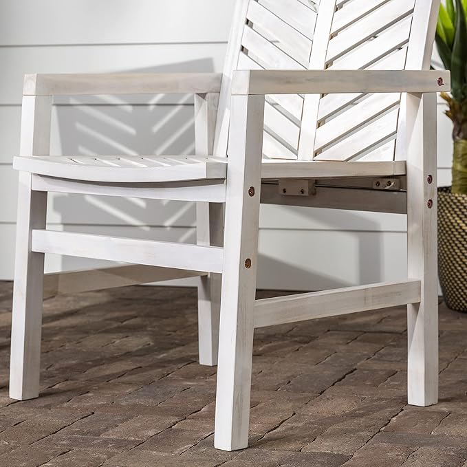 Walker Edison AZWC2VINWW Avalon Chevron Solid Acacia Wood Outdoor Chair, White Wash