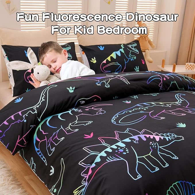 Meeting Story Dinosaur Comforter Set, Fluorescence Dinosaur Colorful Pattern Style Twin Comforter Set, 3 PCS 1 Comforter and 2 Pillowcases in One Bag, All Season Bedspread for Kids Teens Adults（Twin）
