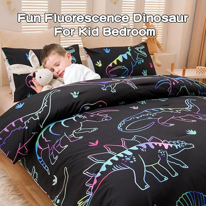 Meeting Story Dinosaur Comforter Set, Fluorescence Dinosaur Colorful Pattern Style Twin Comforter Set, 3 PCS 1 Comforter and 2 Pillowcases in One Bag, All Season Bedspread for Kids Teens Adults（Twin）