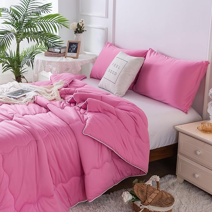 COTTEBED Rose Pink Comforter Queen Size, Jersey Knit T-Shirt Feel Ultra-Soft Cute Cozy Durable Lightweight Bedding Blanket Down Conforter Set and Pillowcase for Women Girl All Season Use Full/Queen