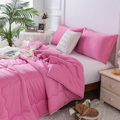 COTTEBED Rose Pink Comforter Queen Size, Jersey Knit T-Shirt Feel Ultra-Soft Cute Cozy Durable Lightweight Bedding Blanket Down Conforter Set and Pillowcase for Women Girl All Season Use Full/Queen