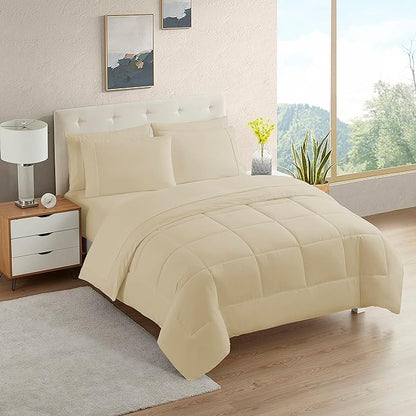 Dorm Room Essentials College Bedding Comforter Set 5 Piece Twin Size Bed in a Bag for College Students Boys and Girls, Twin, Cream/Beige