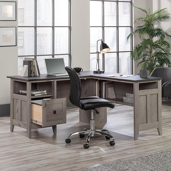 Sauder August Hill L-Shaped Home Office Desk, L: 59.06" x W: 58.74" x H: 29.25", Mystic Oak finish