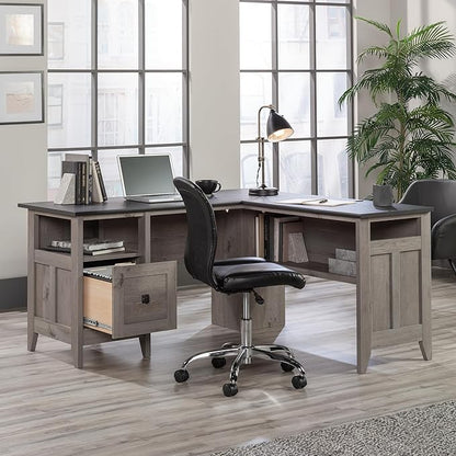 Sauder August Hill L-Shaped Home Office Desk, L: 59.06" x W: 58.74" x H: 29.25", Mystic Oak finish