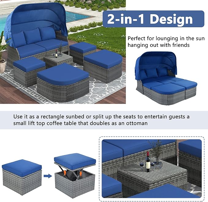 Rectangle Furniture Daybed Sunbed with Retractable Canopy, Outdoor Wicker Conversation Set with Cushions for Patio, Backyard, Porch, Garden, Bc-Blue + Rattan