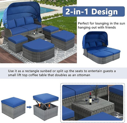 Rectangle Furniture Daybed Sunbed with Retractable Canopy, Outdoor Wicker Conversation Set with Cushions for Patio, Backyard, Porch, Garden, Bc-Blue + Rattan