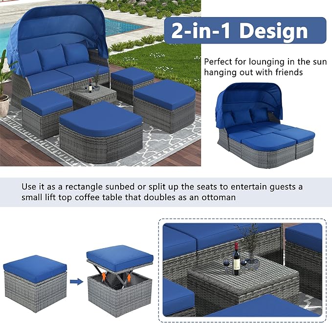 Rectangle Furniture Daybed Sunbed with Retractable Canopy, Outdoor Wicker Conversation Set with Cushions for Patio, Backyard, Porch, Garden, Onesize, Bb-Blue