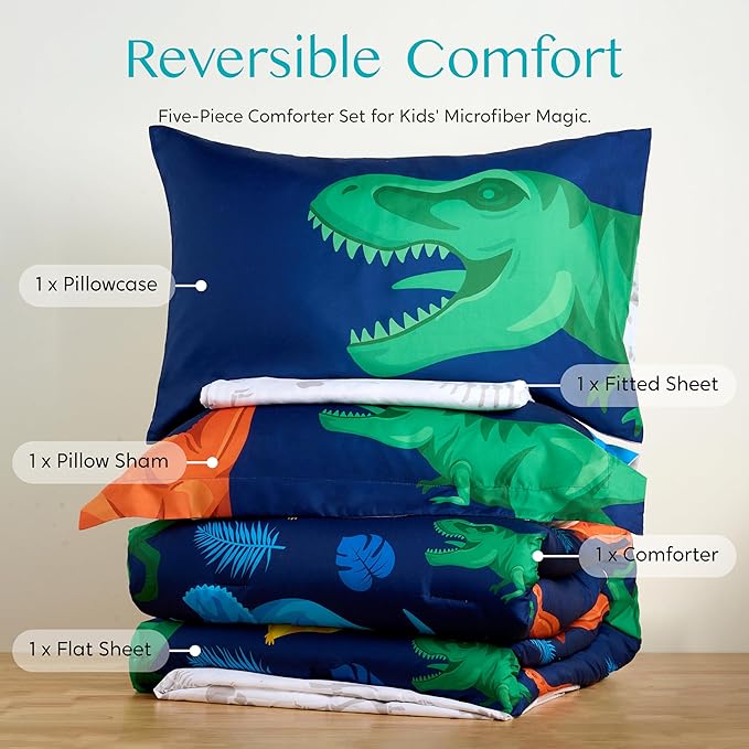Joiedomi Kid Twin Comforter Set - 5 Piece Dinosaur Bedding Set for Boys/Girls - Super Soft Microfiber Bed in a Bag with Comforter, Sheets, Pillowcase & Sham