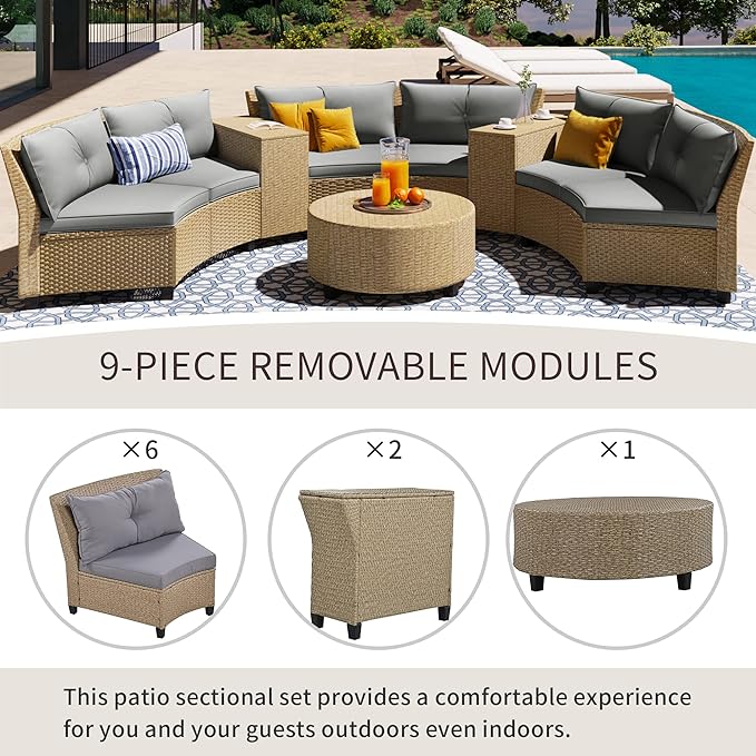 Outdoor 9 Pieces Patio Furniture Half Moon Wicker Sofa Sets, Fan-Shaped Curved Sectional Couch with Coffee Table and Gray Cushions, 1, Brown Rattan