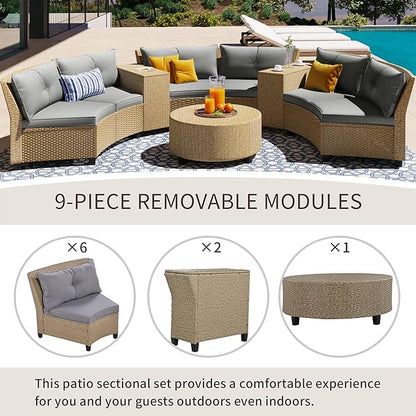 Outdoor 9 Pieces Patio Furniture Half Moon Wicker Sofa Sets, Fan-Shaped Curved Sectional Couch with Coffee Table and Gray Cushions, 1, Brown Rattan