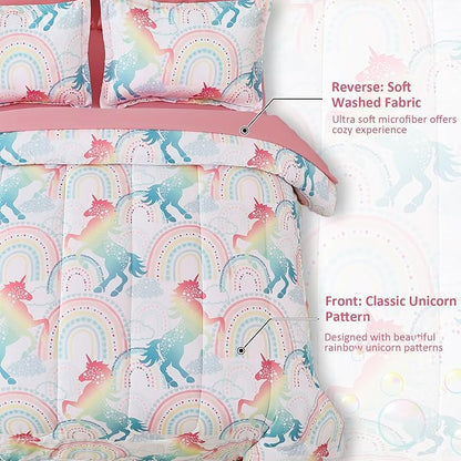 Twin Comforter Set for Girls, 6 Pieces Bed in a Bag, Colorful Unicorn Bedding Comforter Sheet Set, Ultra Soft and Fluffly, Pink & Rainbow Color, Colorful Bed in a Bag for Girls