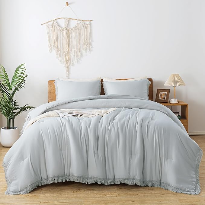 Andency Light Grey Comforter Set Twin Size, 2 Pieces Boho Tassel Lightweight Bedding Comforter Sets, All Season Soft Fluffy Fringe Bed Set (66x90In Comforter & 1 Pillowcase)