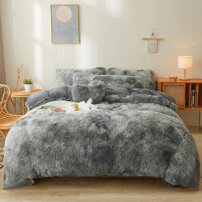 Tie dye Dark Gray Plush Fluffy Comforter Cover Set Queen - Ultra Soft Faux Fur tie dye Bedding Sets 3 Pieces (1 Shaggy Duvet Cover + 2 Pillow case) Fluffy Bed Set (Tie Dye Dark Gray, Queen)