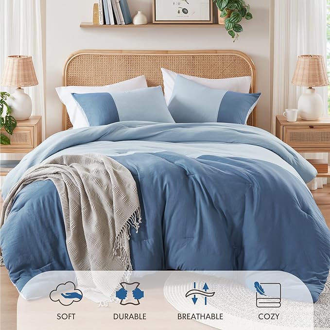 Blue Comforter King Size - Modern Farmhouse Soft Comforter Sets for Men, Masculine Colorblock Pattern Bed Sets for All Season, 3 Pieces includes 1 Comforter, 2 Shams (104"x 90")