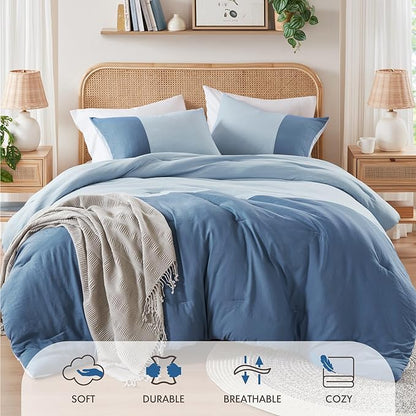 Blue Comforter King Size - Modern Farmhouse Soft Comforter Sets for Men, Masculine Colorblock Pattern Bed Sets for All Season, 3 Pieces includes 1 Comforter, 2 Shams (104"x 90")