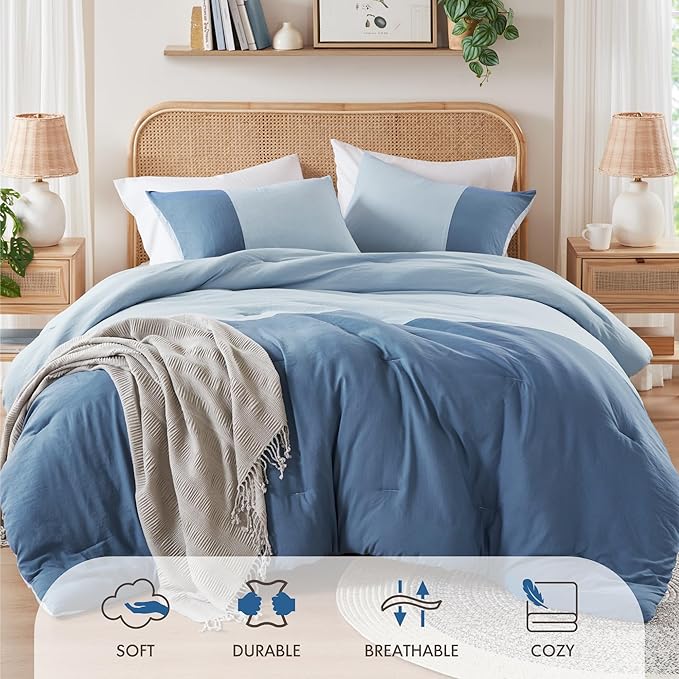 Blue Twin Comforter Set - Modern Soft Farmhouse Bedding for Teen Boys, Kids Colorblock Pattern Bed Sets for All Season, 2 Pieces includes 1 Comforter, 1 Sham (66"x 90")